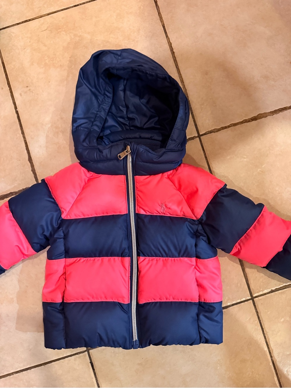 Polo by Ralph Lauren Navy and Coral Kids Puffer Jacket with Hood